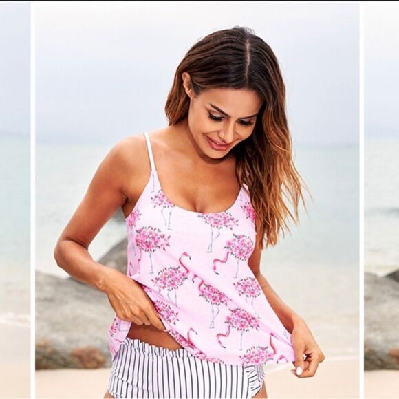 Beach sissy floral flamingo tankini top Small built in bra - Picture 1 of 7